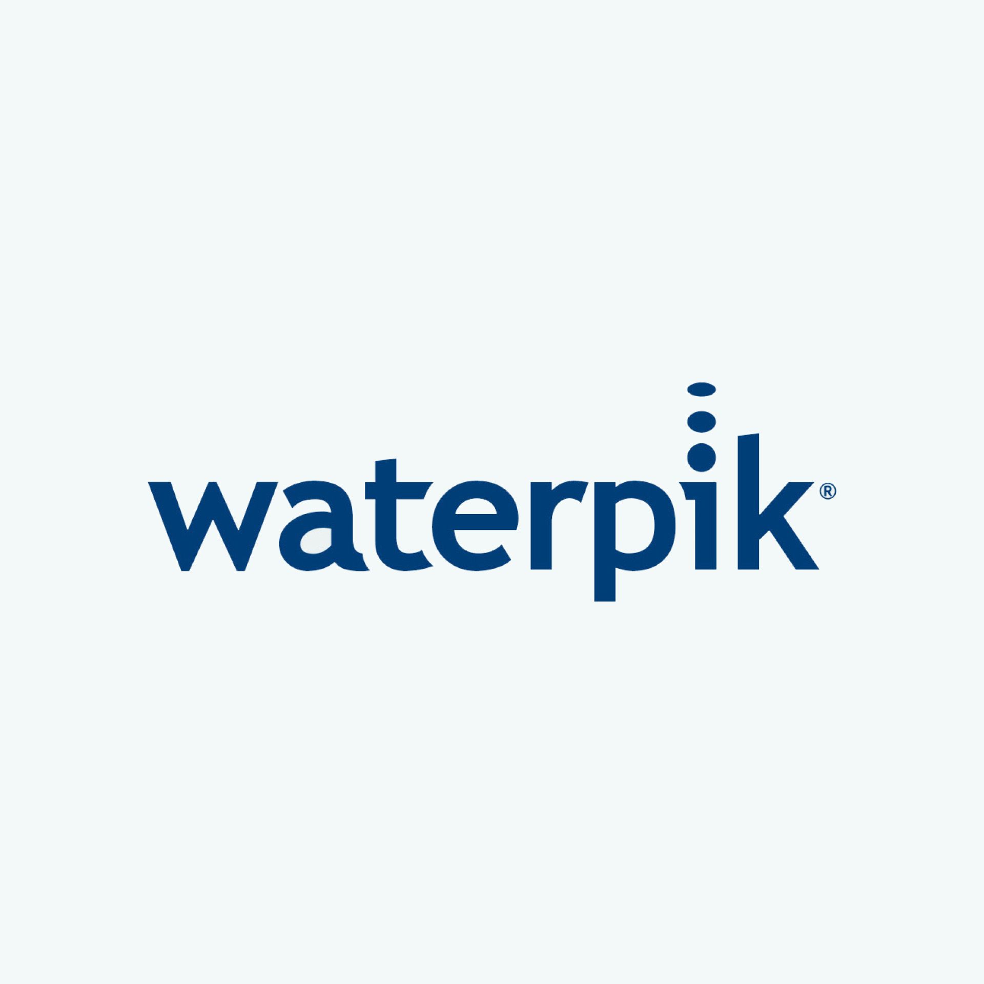 Waterpik logo in navy blue, with three stylized water droplets to the right.