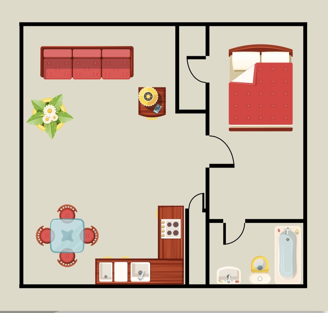 Floor plan of an apartment, featuring a red sofa, kitchen, bedroom, and bathroom.