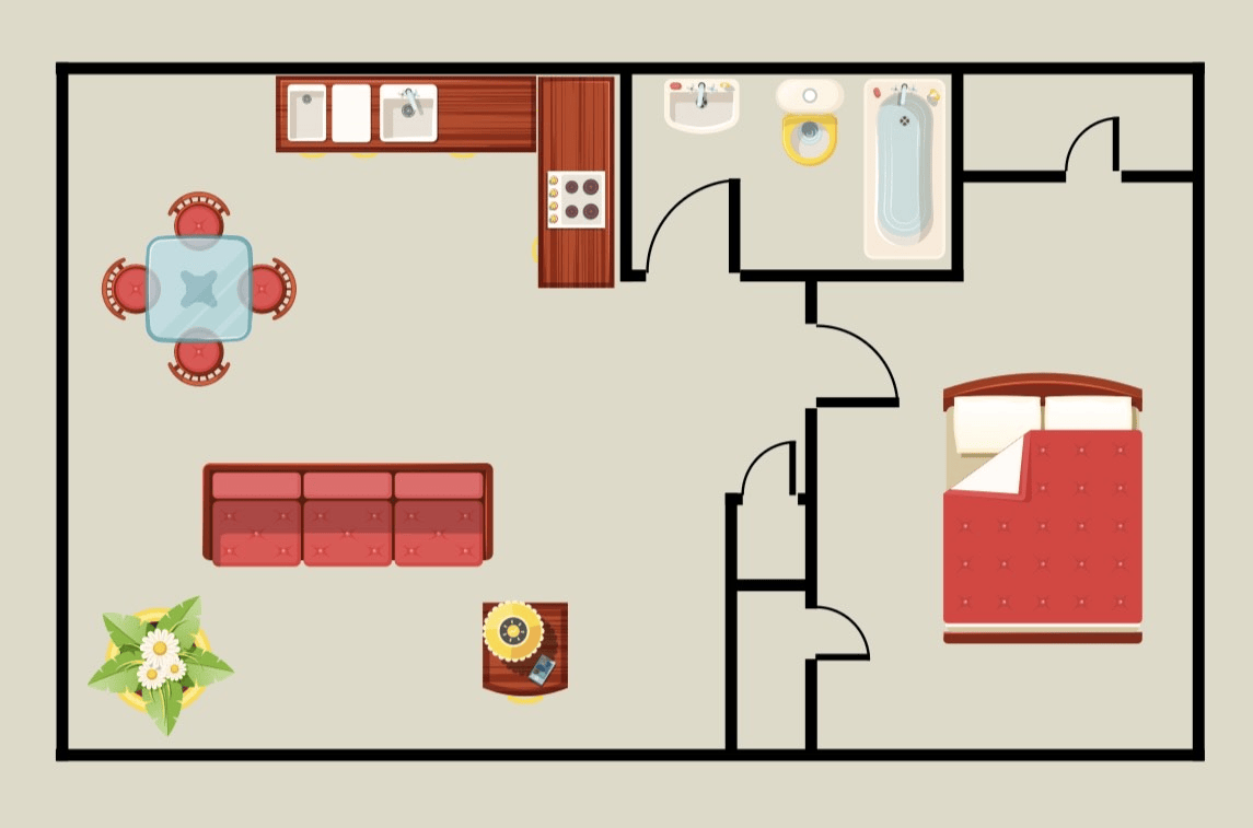 Floor plan of an apartment with a kitchen, dining area, living room, bedroom, and bathroom.
