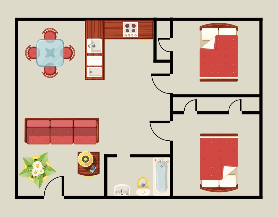 Floor plan of an apartment with a kitchen, dining area, living room, two bedrooms, and a bathroom.