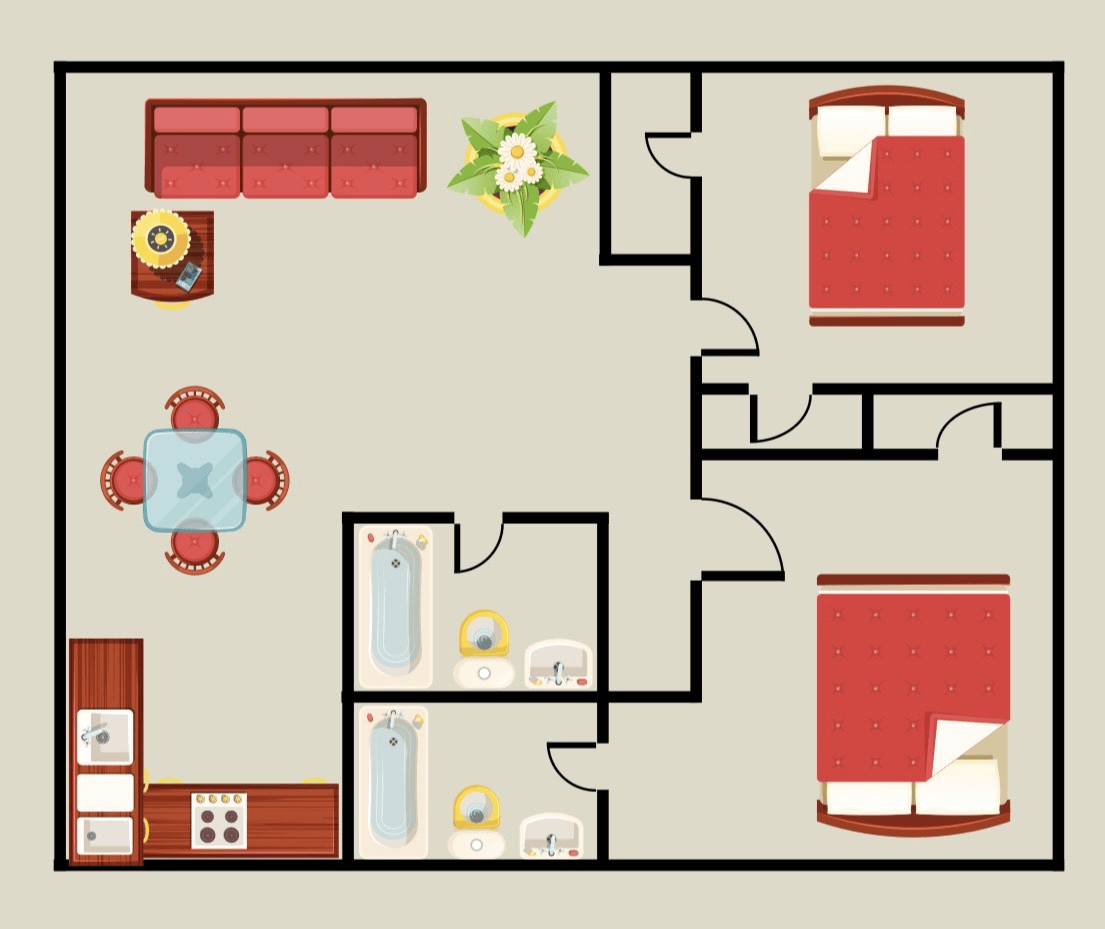 Floor plan of a two-bedroom apartment, showing furniture placement in the living room, kitchen, and bedrooms.