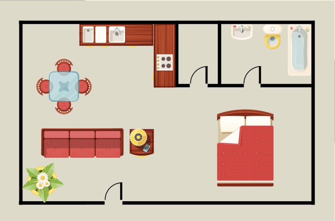 Floor plan of a small apartment: kitchen, living room with sofa, bedroom with bed, bathroom, and dining area.