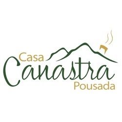 Logo for Casa Canastra Pousada: Green cursive text with mountains and chimney.