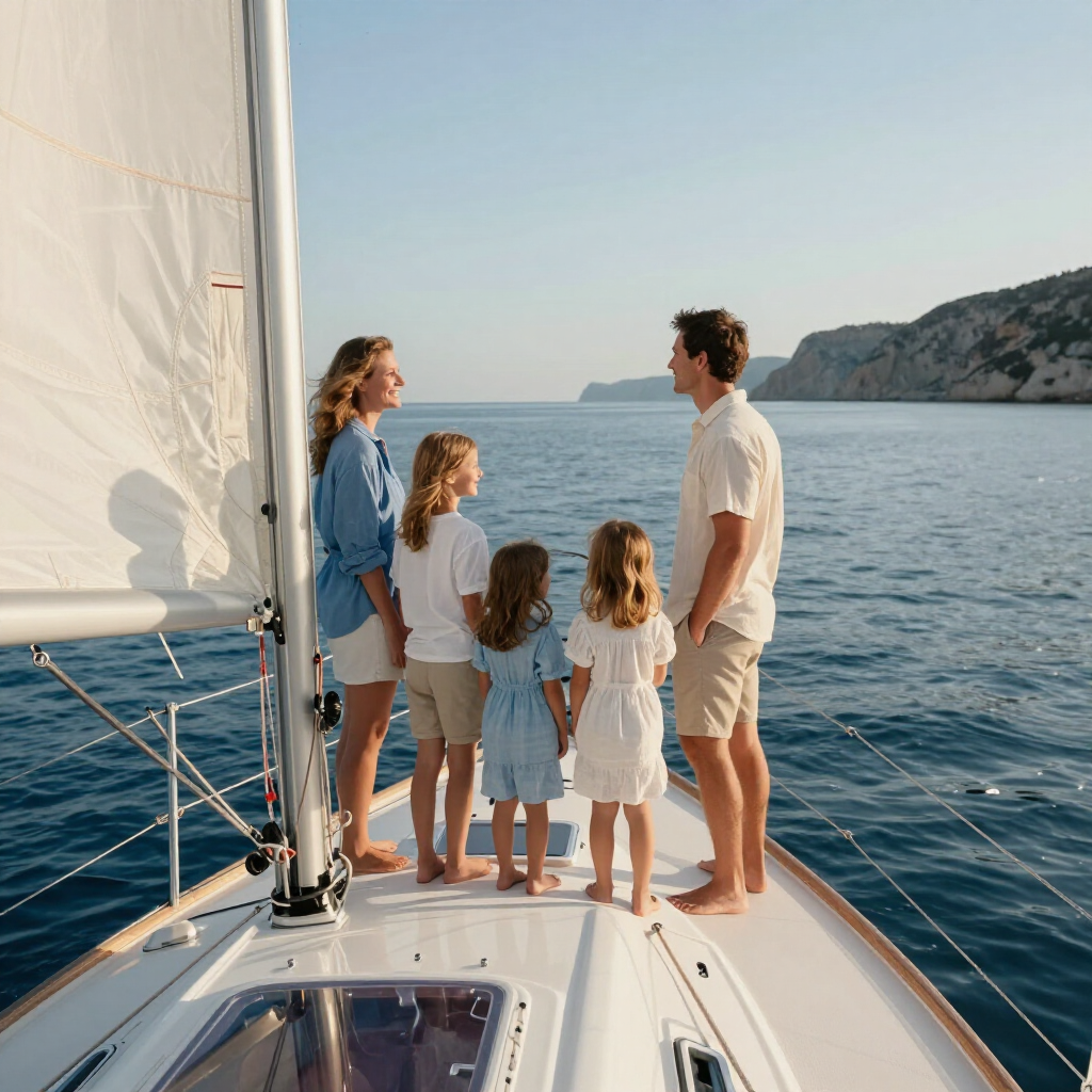 Family standing on a sailboat deck at sea, facing each other near a rocky coastline at sunset.