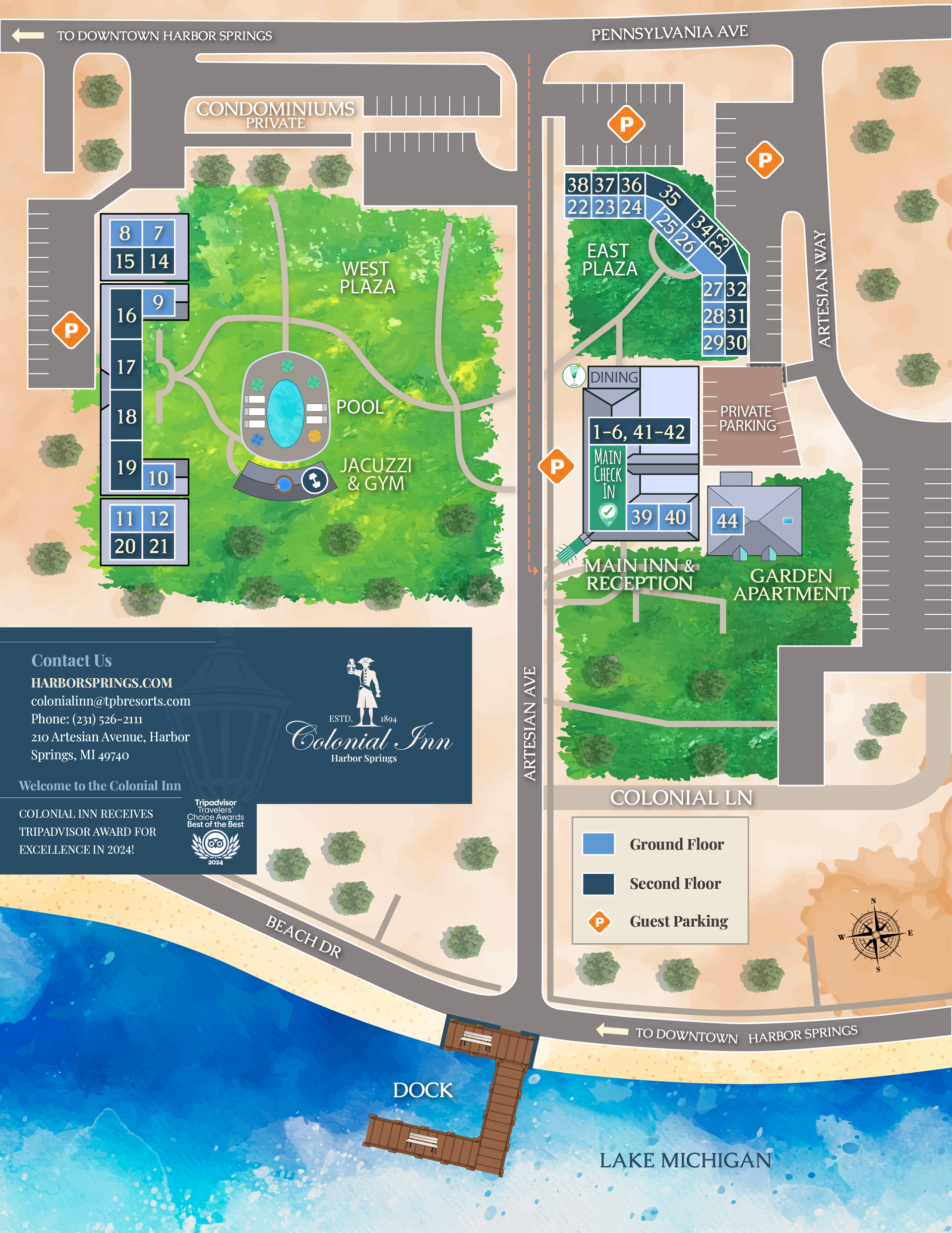 A map of a park with a dock in the middle