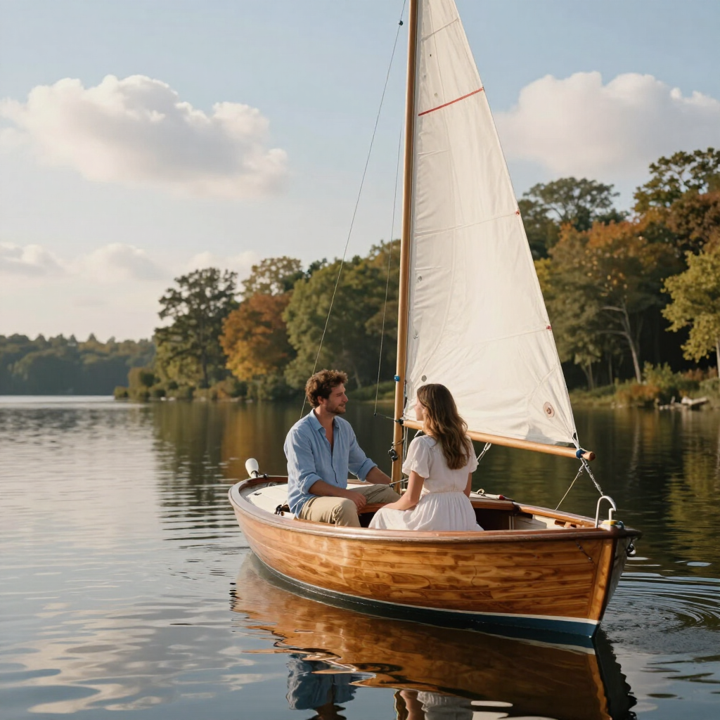 Two people sailing a small wooden boat on a calm lake at sunset