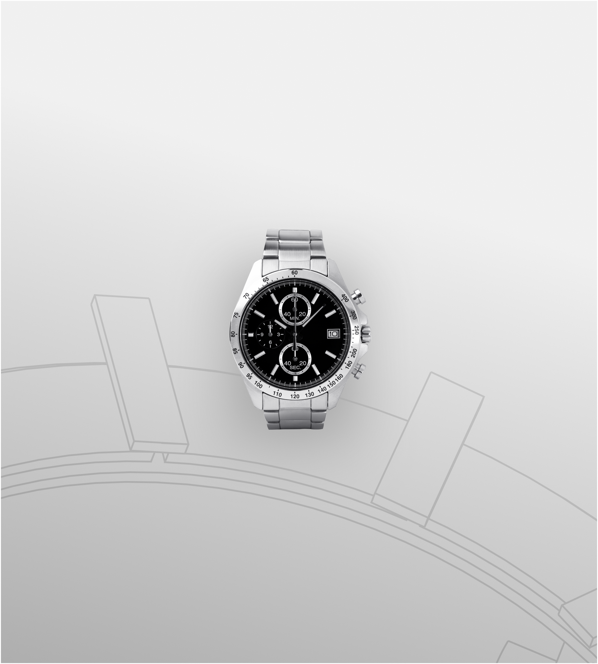 Silver wristwatch with black face and chronograph dials on a gray background.