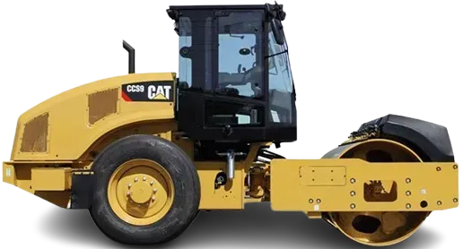 Yellow Caterpillar soil compactor, side view, on white background.