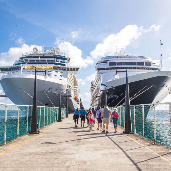 A group of people are walking down a pier next to two cruise ships.