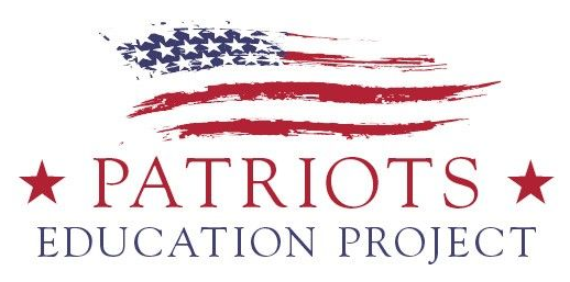 Patriots Education Project logo with stars and red-and-blue American flag brushstroke