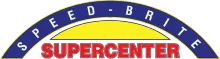 Speed-Brite Supercenter logo: blue arch over a yellow half-circle, red "SUPERCENTER" below.