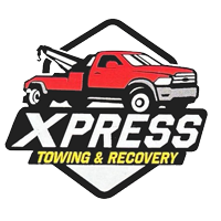 A logo for xpress towing and recovery with a red tow truck.