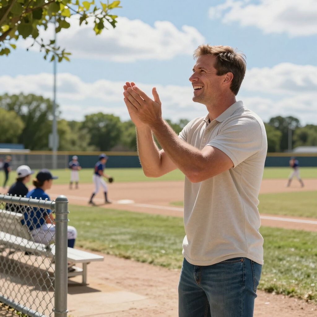 Man in a beige shirt claps beside a baseball field while players practice in the background.