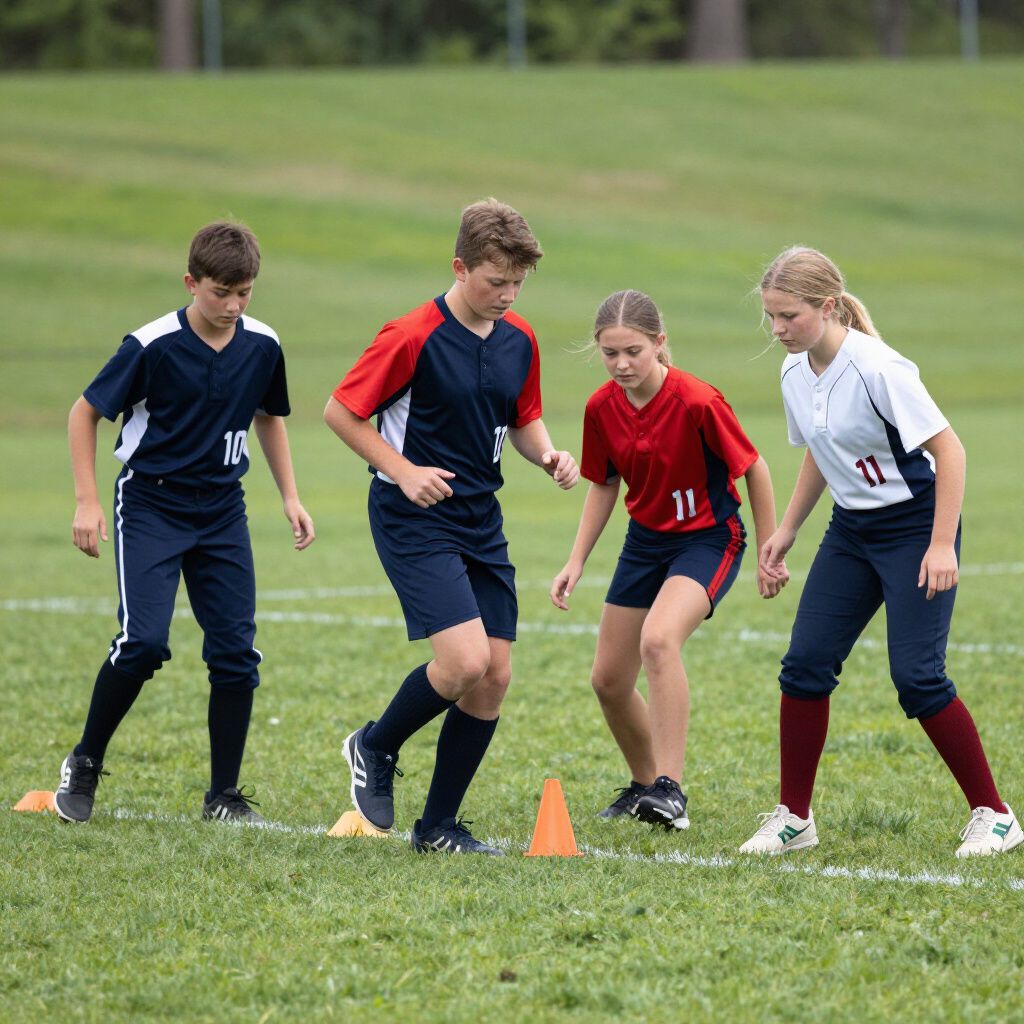 Four youths in sports jerseys crouch around orange cones on a grassy field during training.