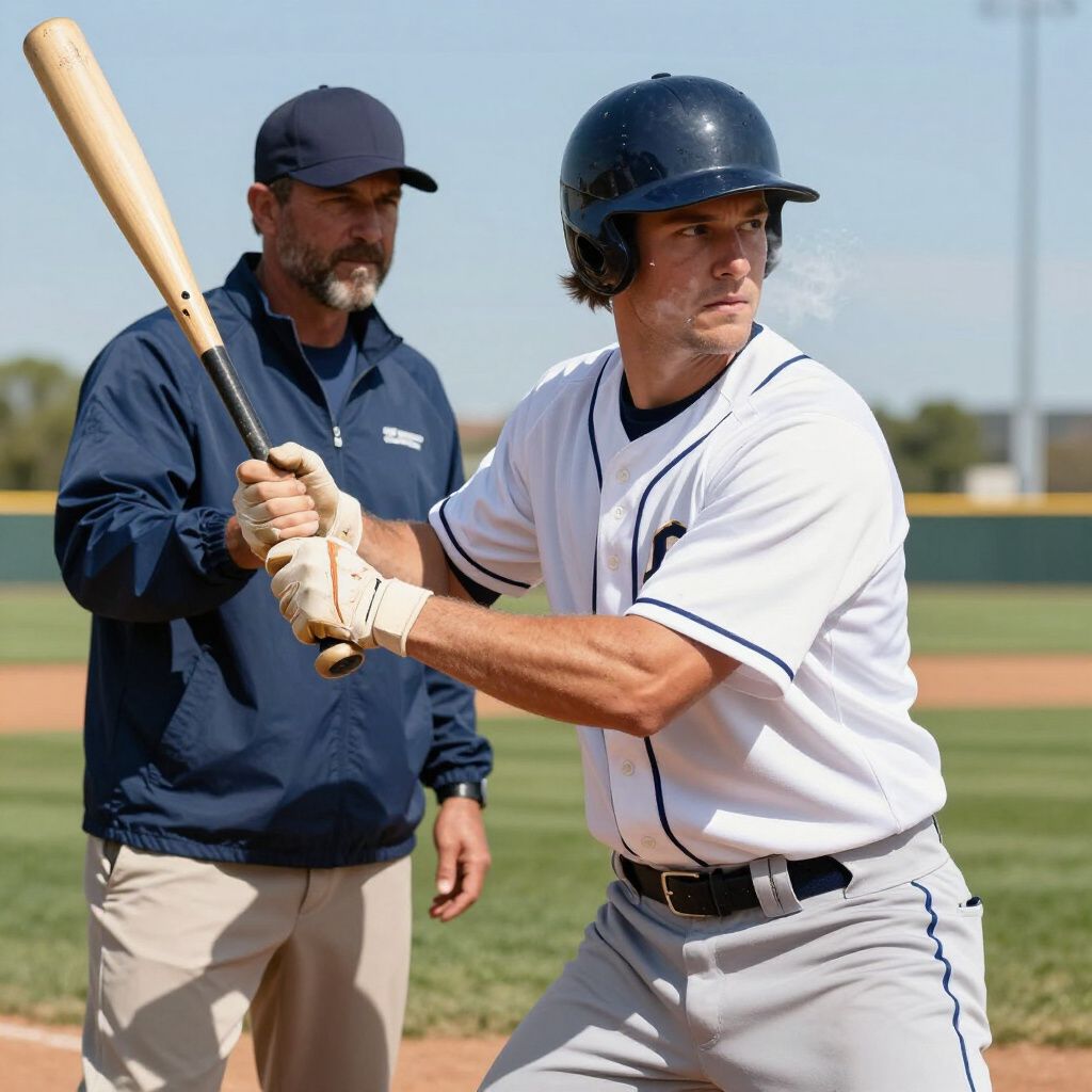 Baseball player in white uniform and navy helmet holding a bat, with coach behind him on a sunny field