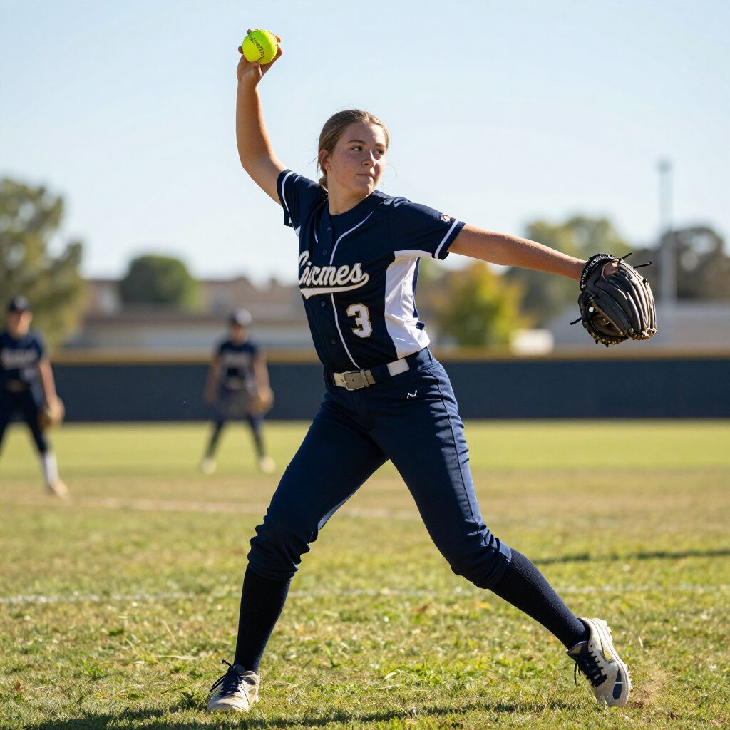 Softball pitcher in navy uniform throws a yellow ball on a sunny field while a teammate stands behind.