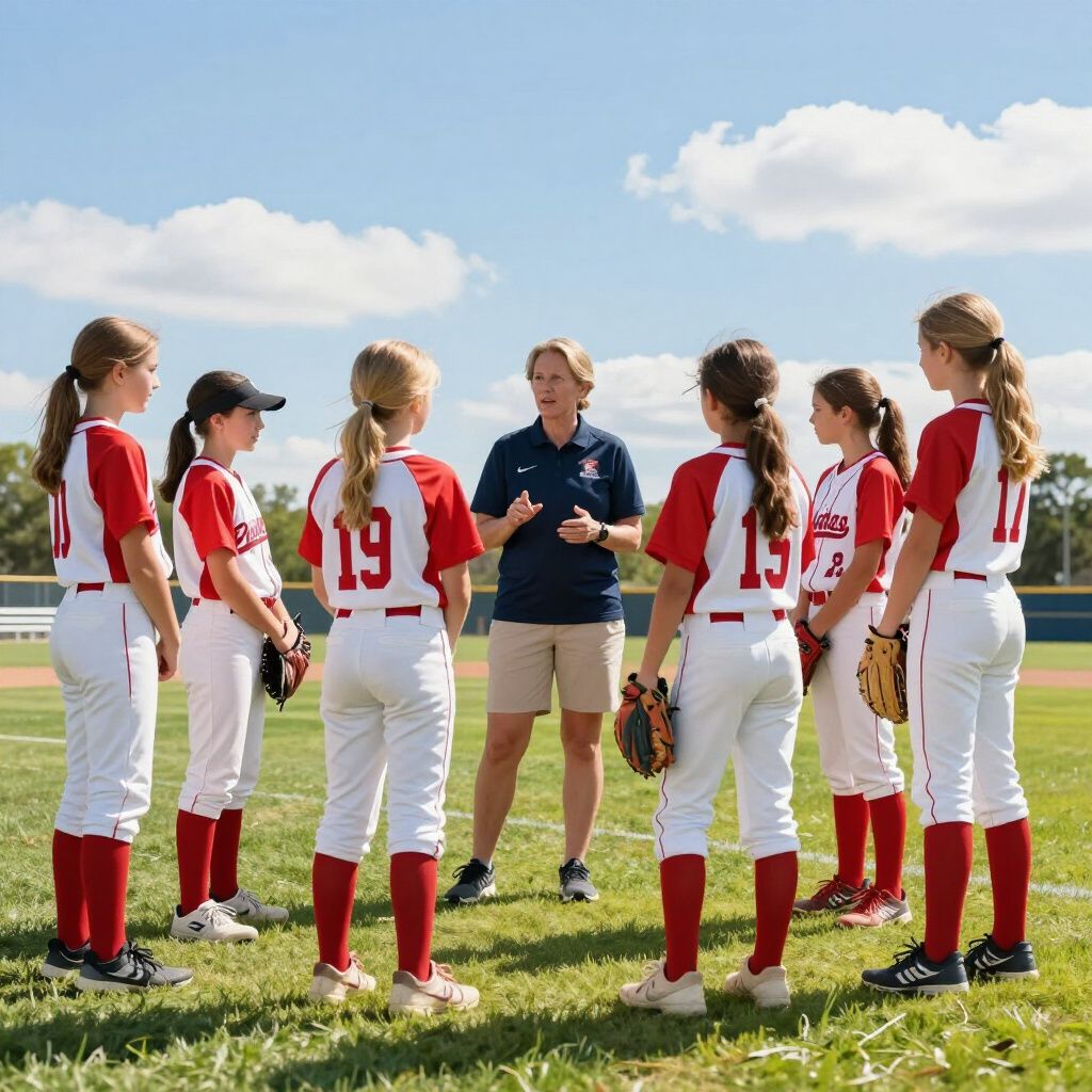 Youth softball team listening to a coach on a sunny field, players in red and white uniforms standing in a circle.