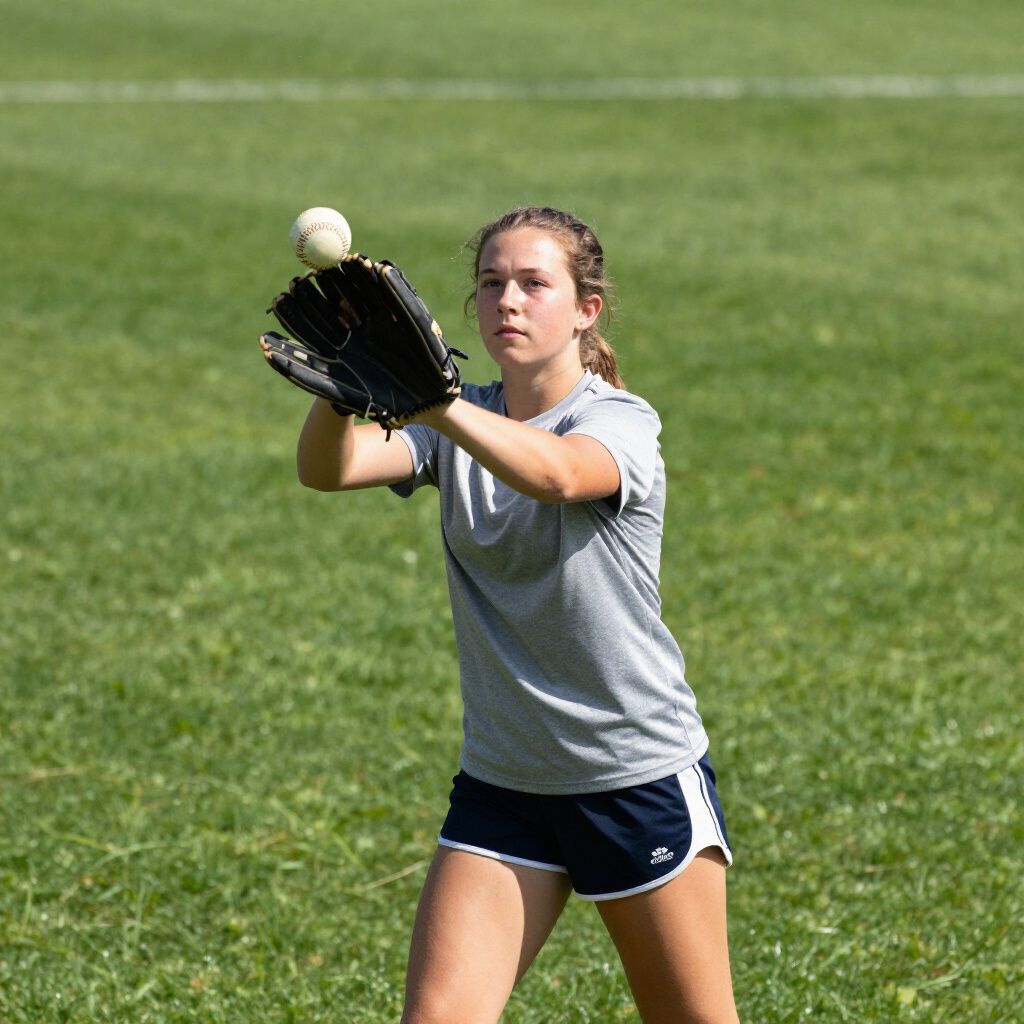 Softball player in gray shirt catching a ball on a grassy field