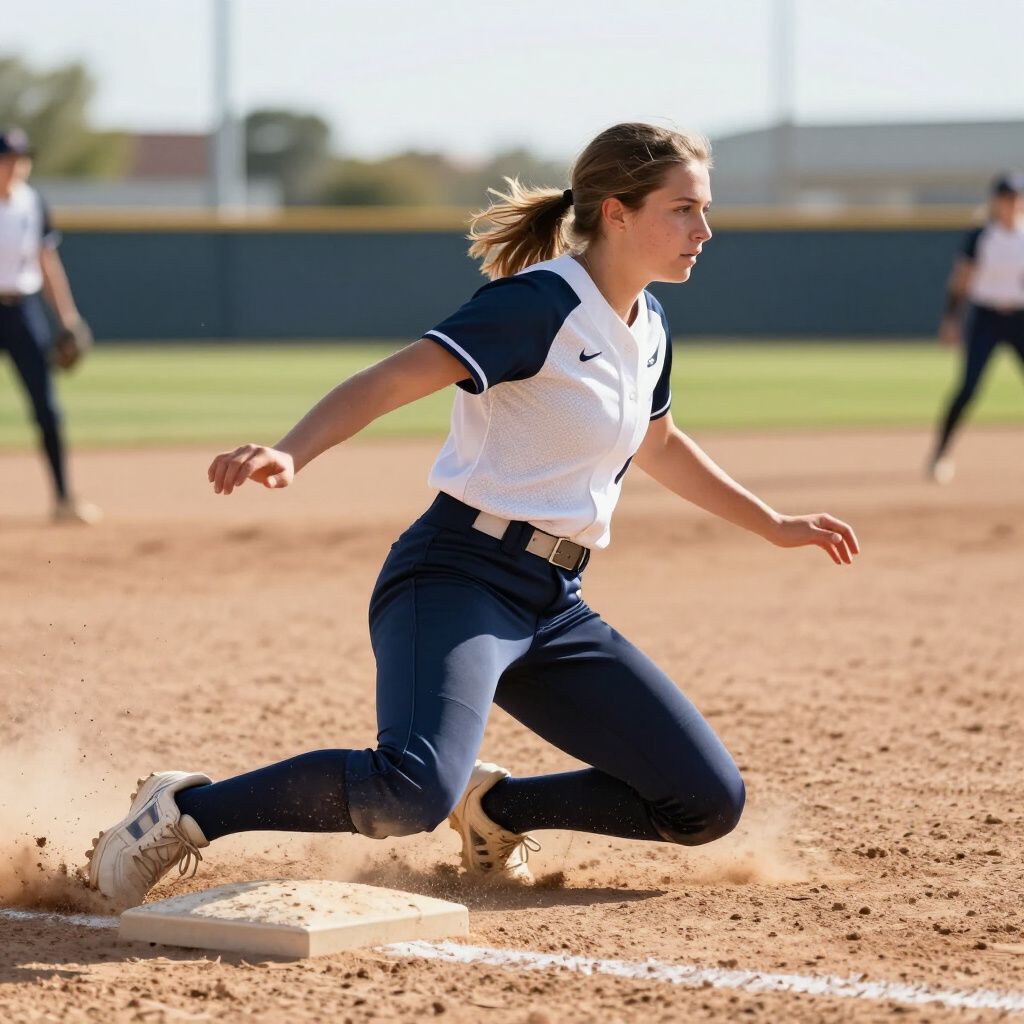Softball player sliding into a base on a dirt infield during a game