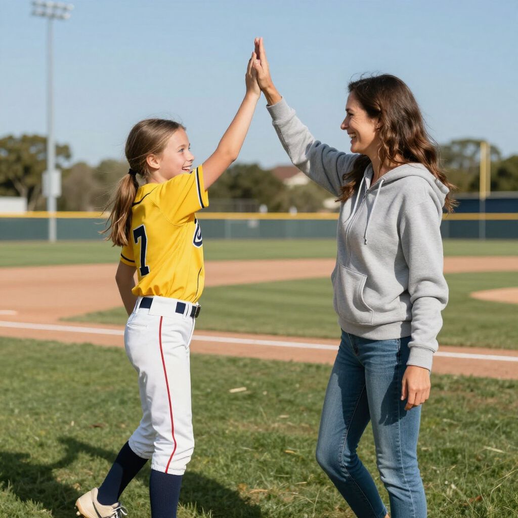 Girl in yellow jersey and woman in gray hoodie high-five on a baseball field.