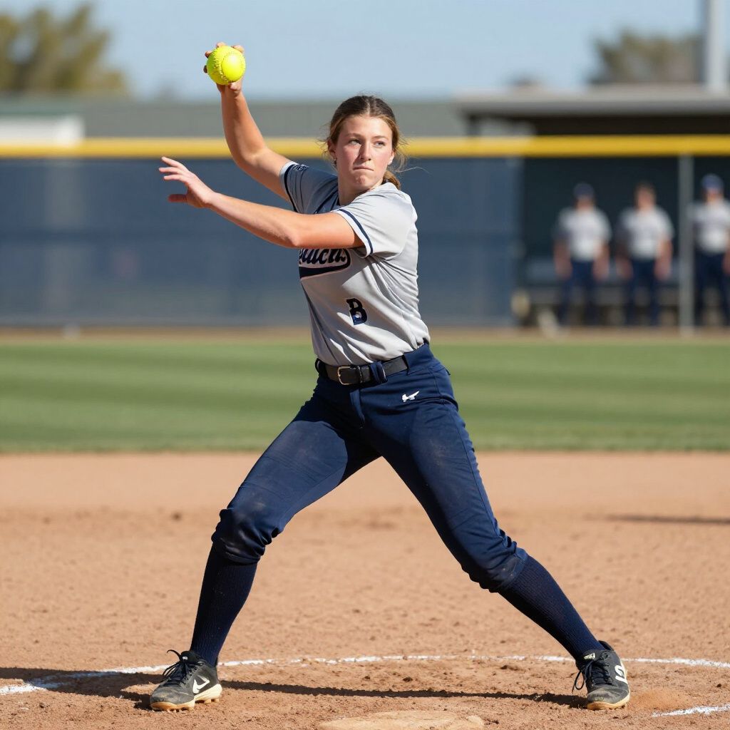 Softball pitcher in gray and navy uniform mid-throw on a dirt field, yellow ball in hand.
