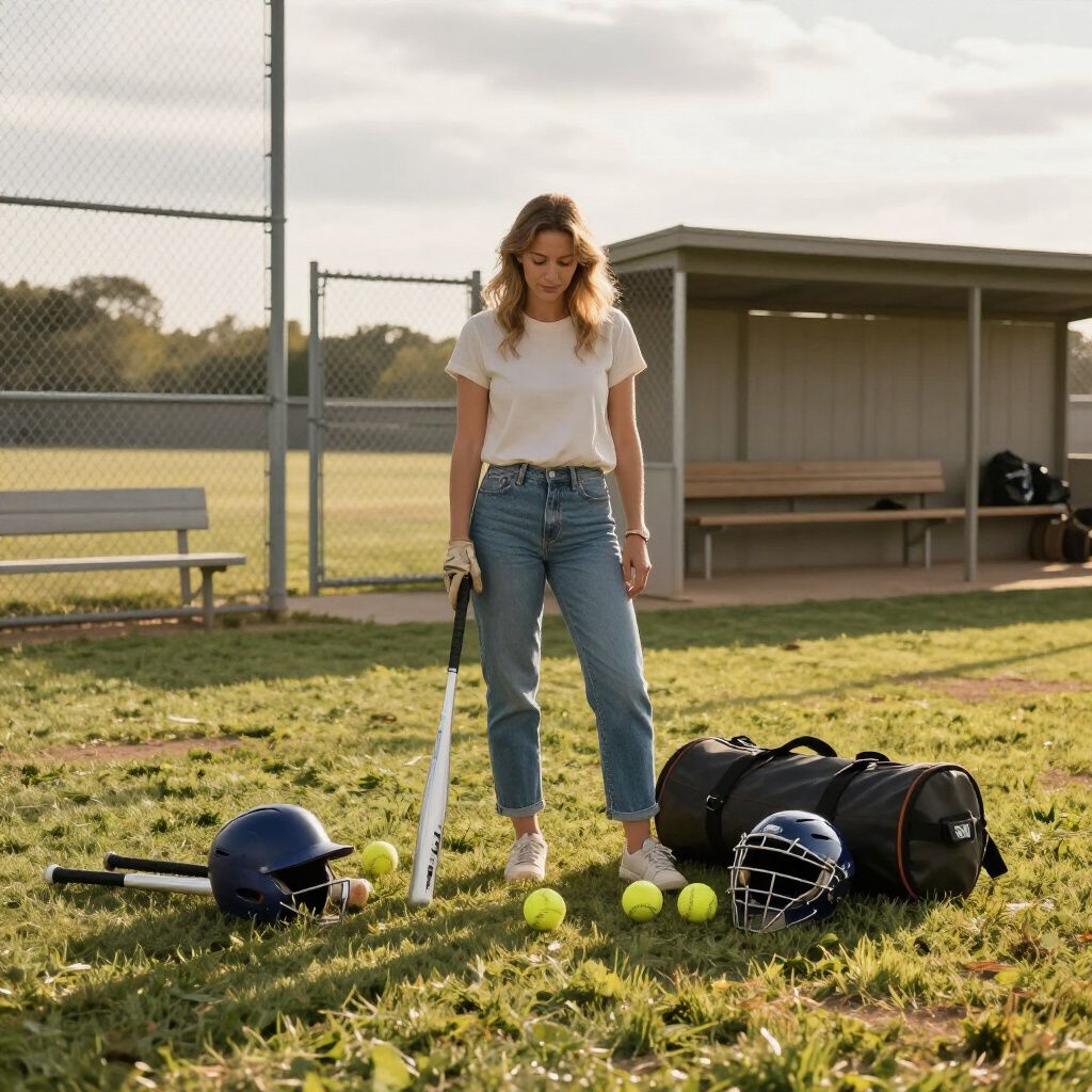 Person standing on a baseball field with bats, helmet, balls, and gear near a dugout