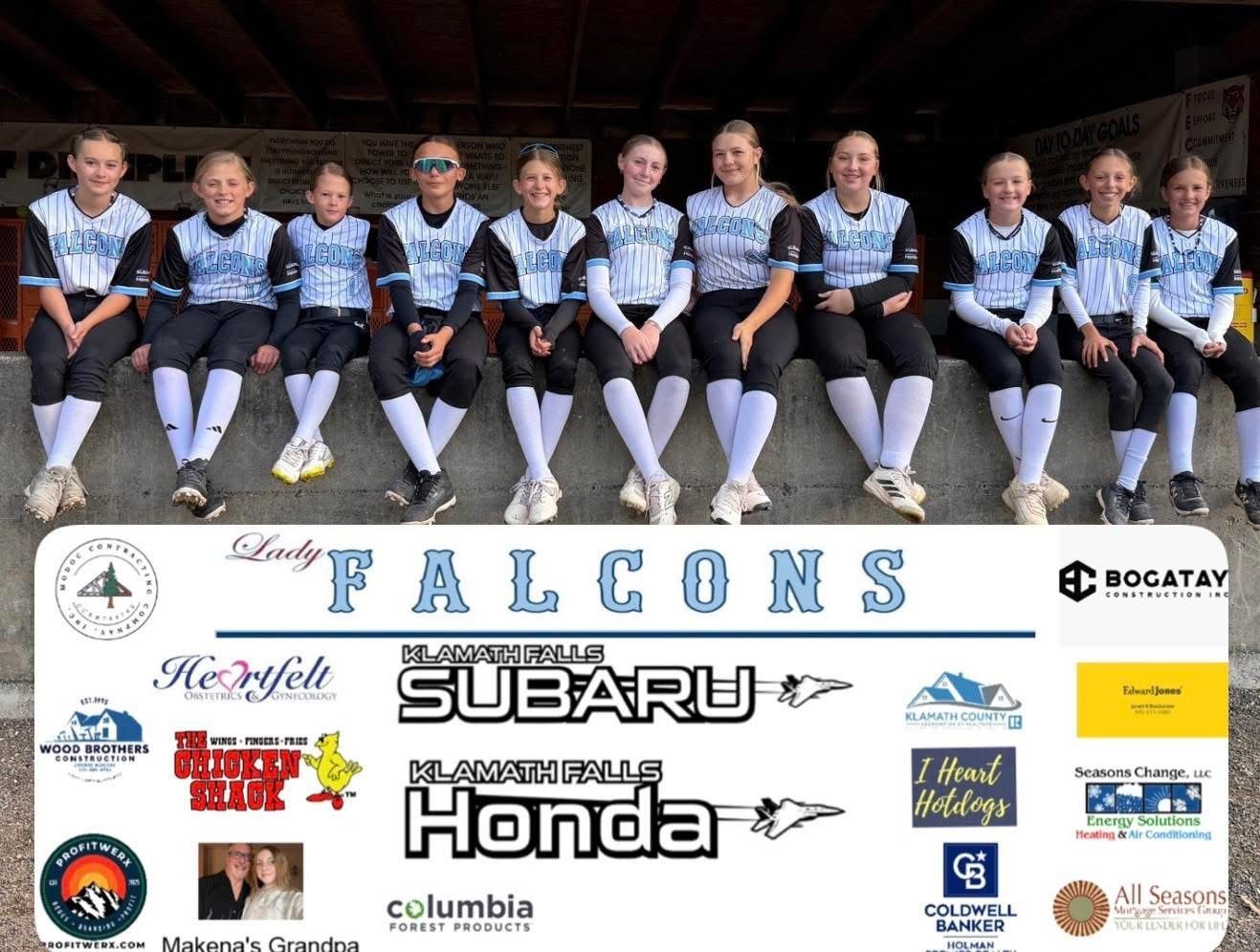 Youth cycling team in blue and black uniforms posing in front of a sponsor banner for the Falcons team
