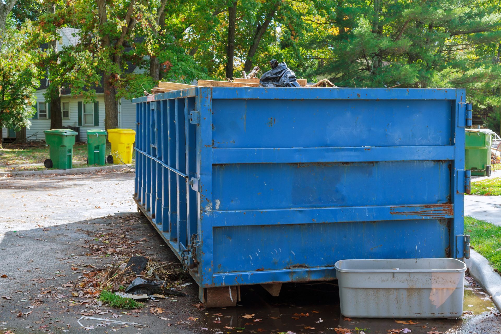A blue dumpster is sitting on the side of the road next to a trash can.