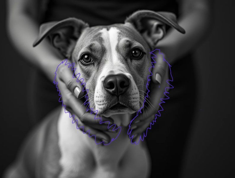 A black and white photo of a person holding a dog.