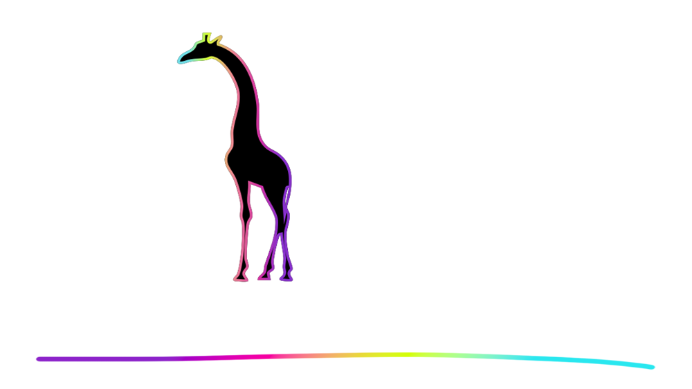 Logo: A giraffe is standing on a rainbow line on a white background.