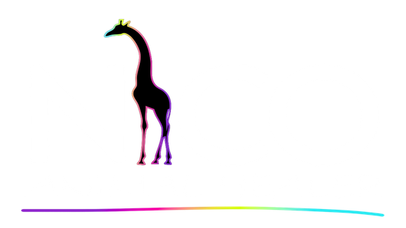 Logo: A giraffe is standing on a rainbow line on a white background.