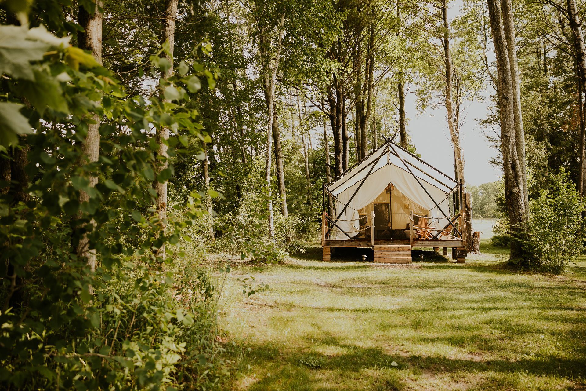 Canvas tent on wooden platform in a forest clearing.