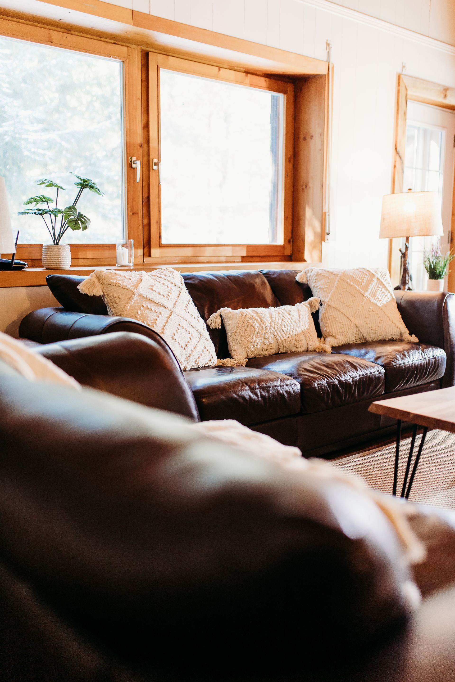 Cozy living room with brown leather sofa, decorative pillows, and wooden-framed windows.