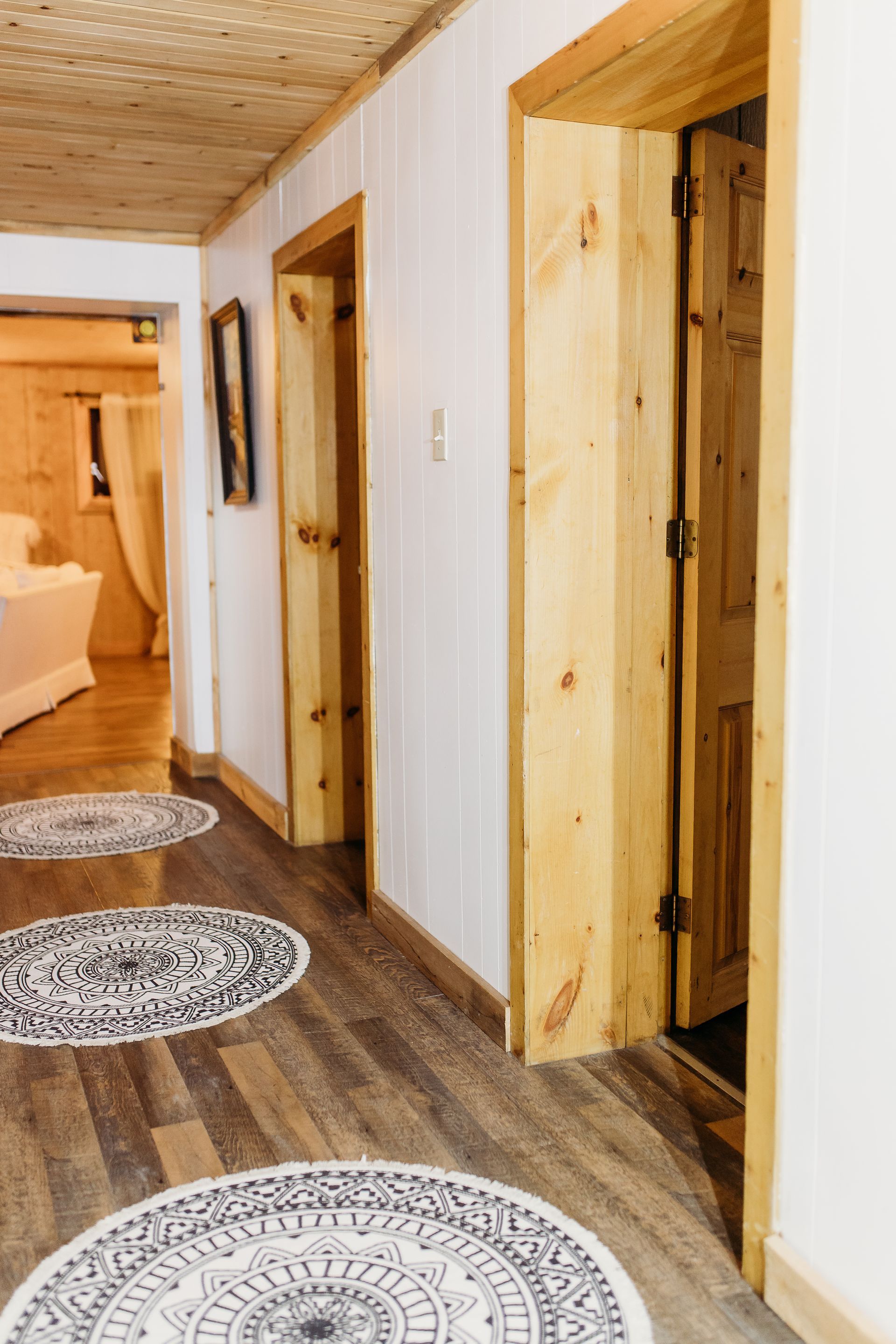 Hallway with wood doors and trim, white paneled walls, and round rugs.