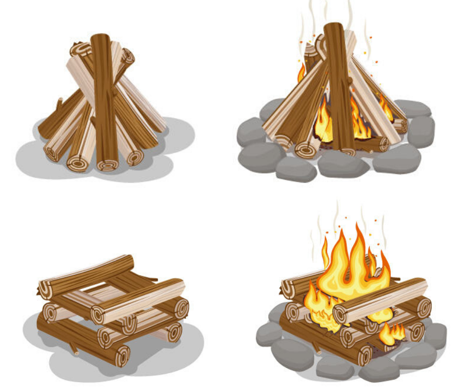Campfire building demonstration: wood piles before and after lighting, showing different construction methods.