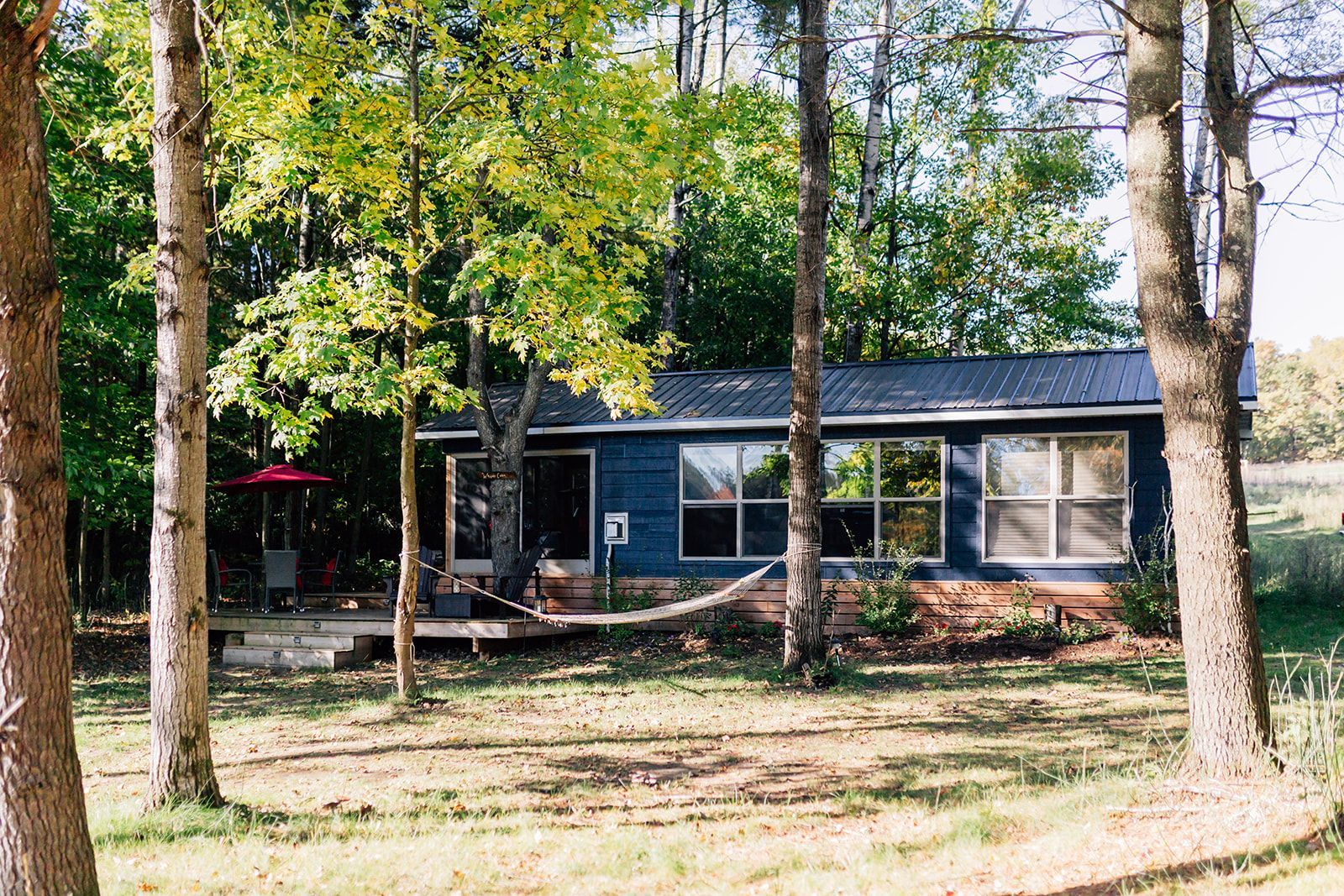 Blue cabin with large windows and a hammock strung between trees; surrounded by trees and grass.