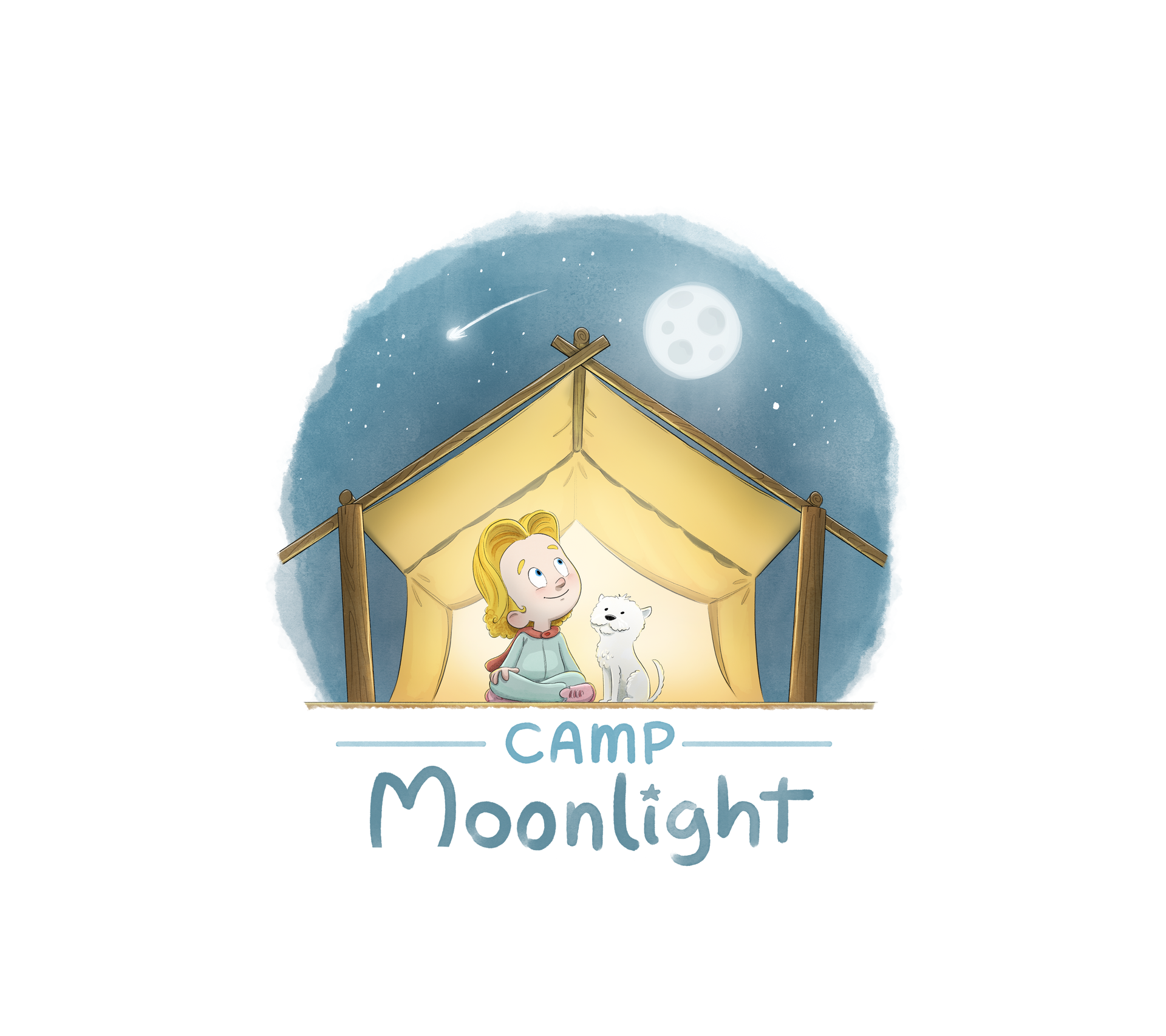 Girl and dog inside a lit tent at night under a full moon.