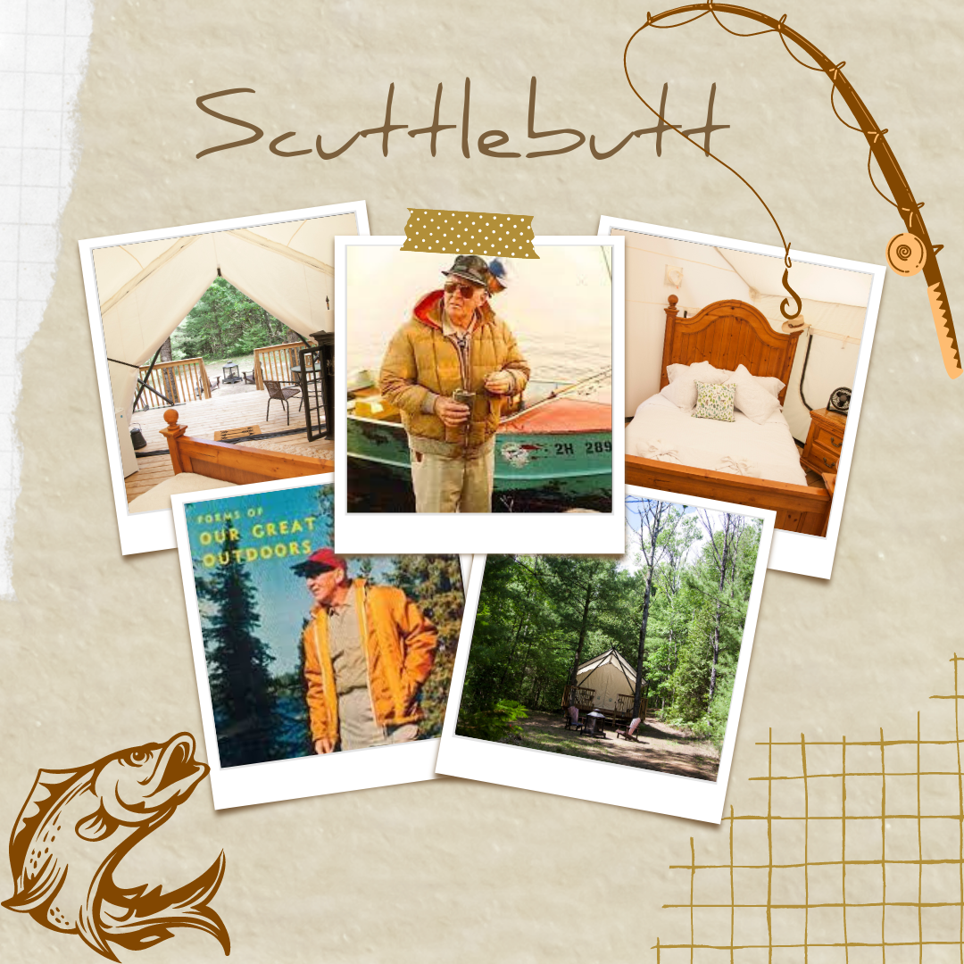 Polaroid photos arranged on paper: camping, person fishing, tent, bed, and outdoor scene.