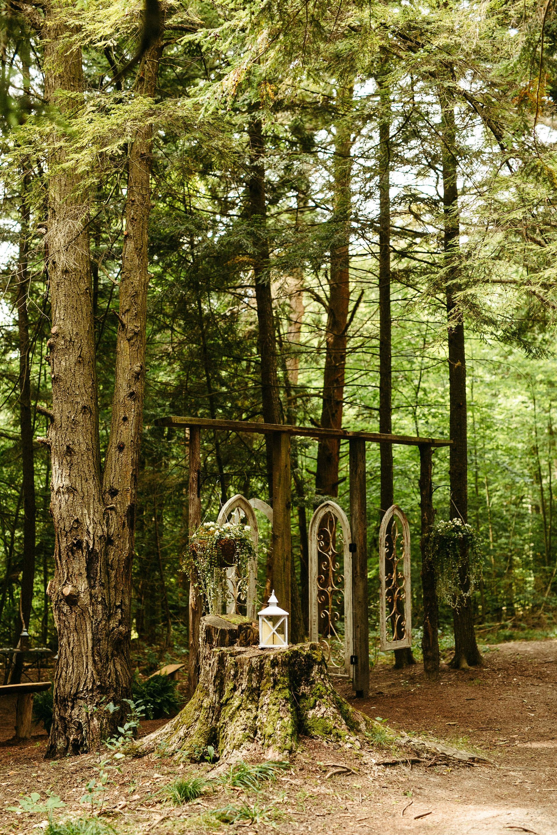 Forest wedding altar with a wooden arbor, decorated with wreaths and a lantern, on a tree stump.