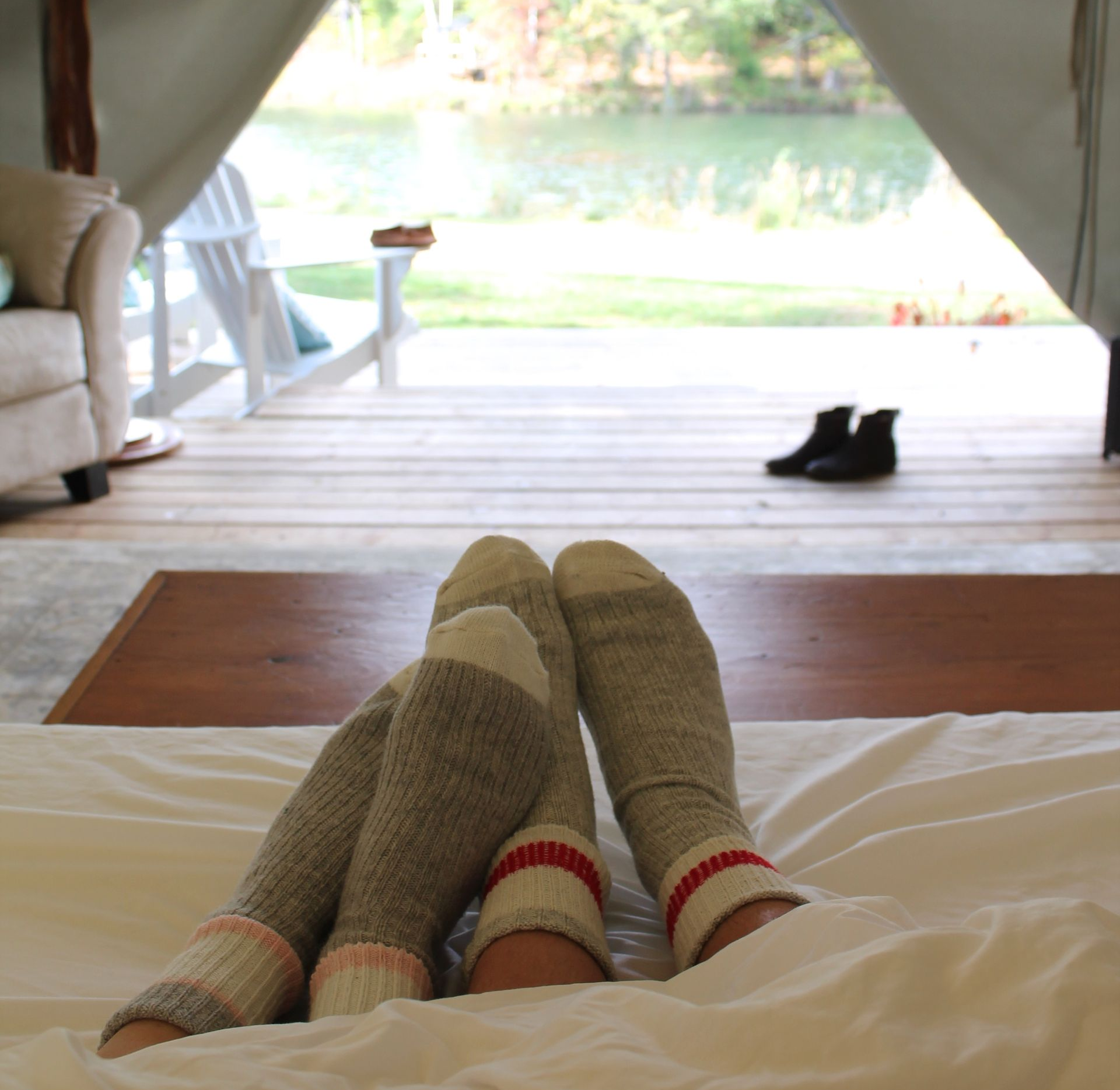 cozy socks in glamping tent