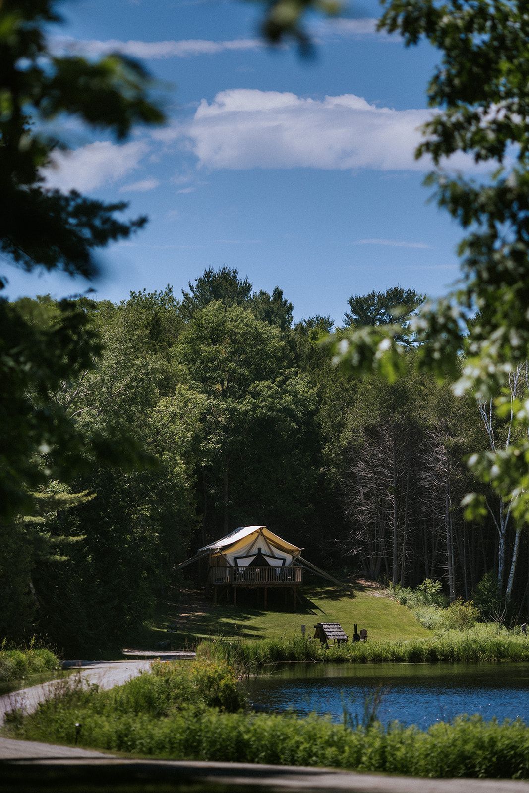 A small yellow tent sits by a pond in a forest under a blue sky, framed by trees.
