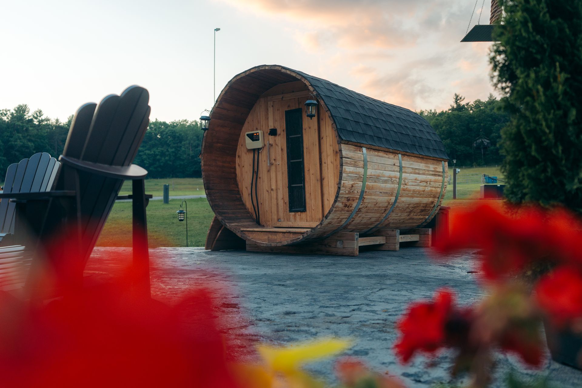 The cedar barrel sauna outdoors at Whispering Springs
