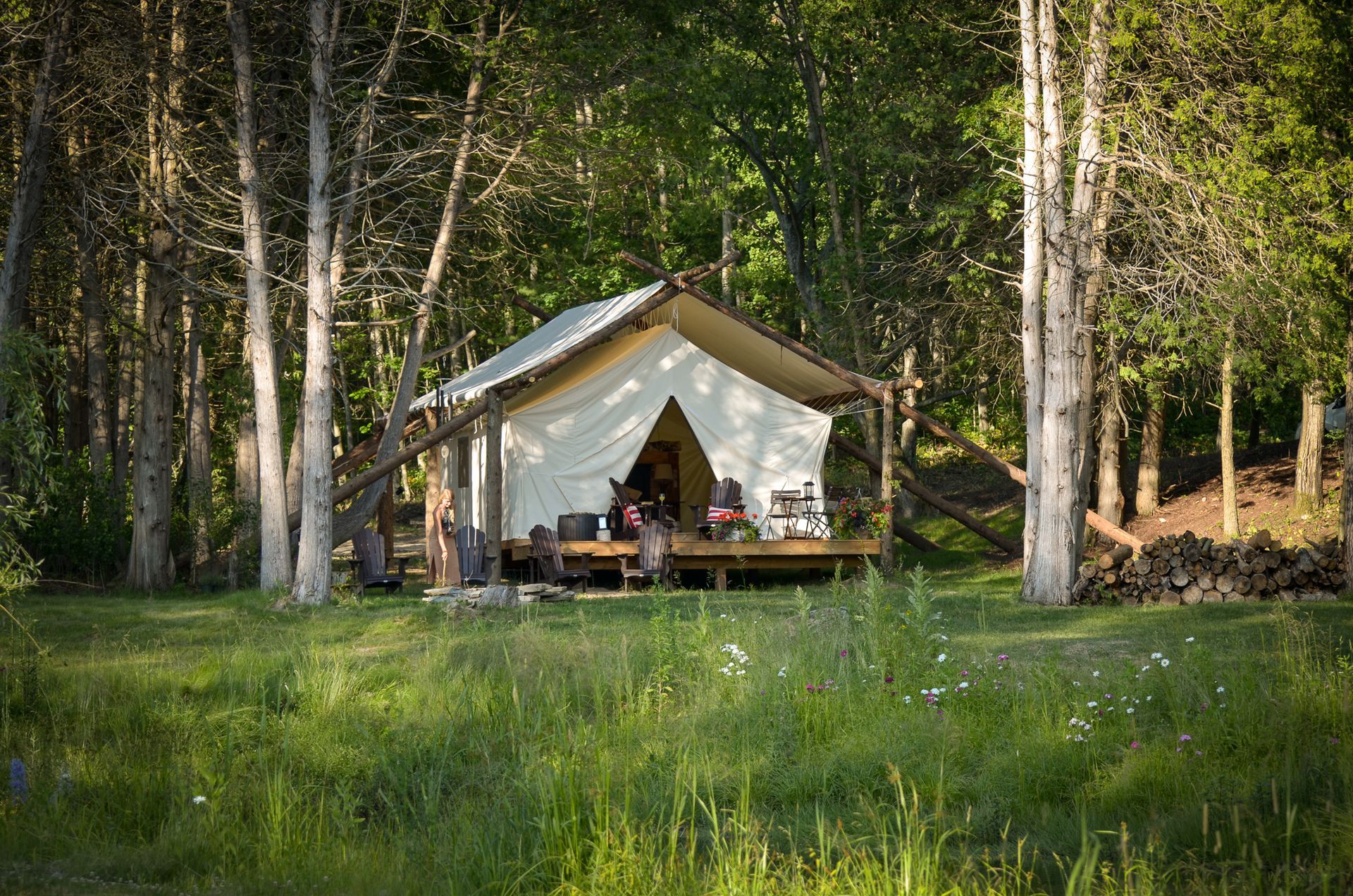 Canvas tent on a wooden platform in a grassy area, surrounded by trees. Sunlight streams through.