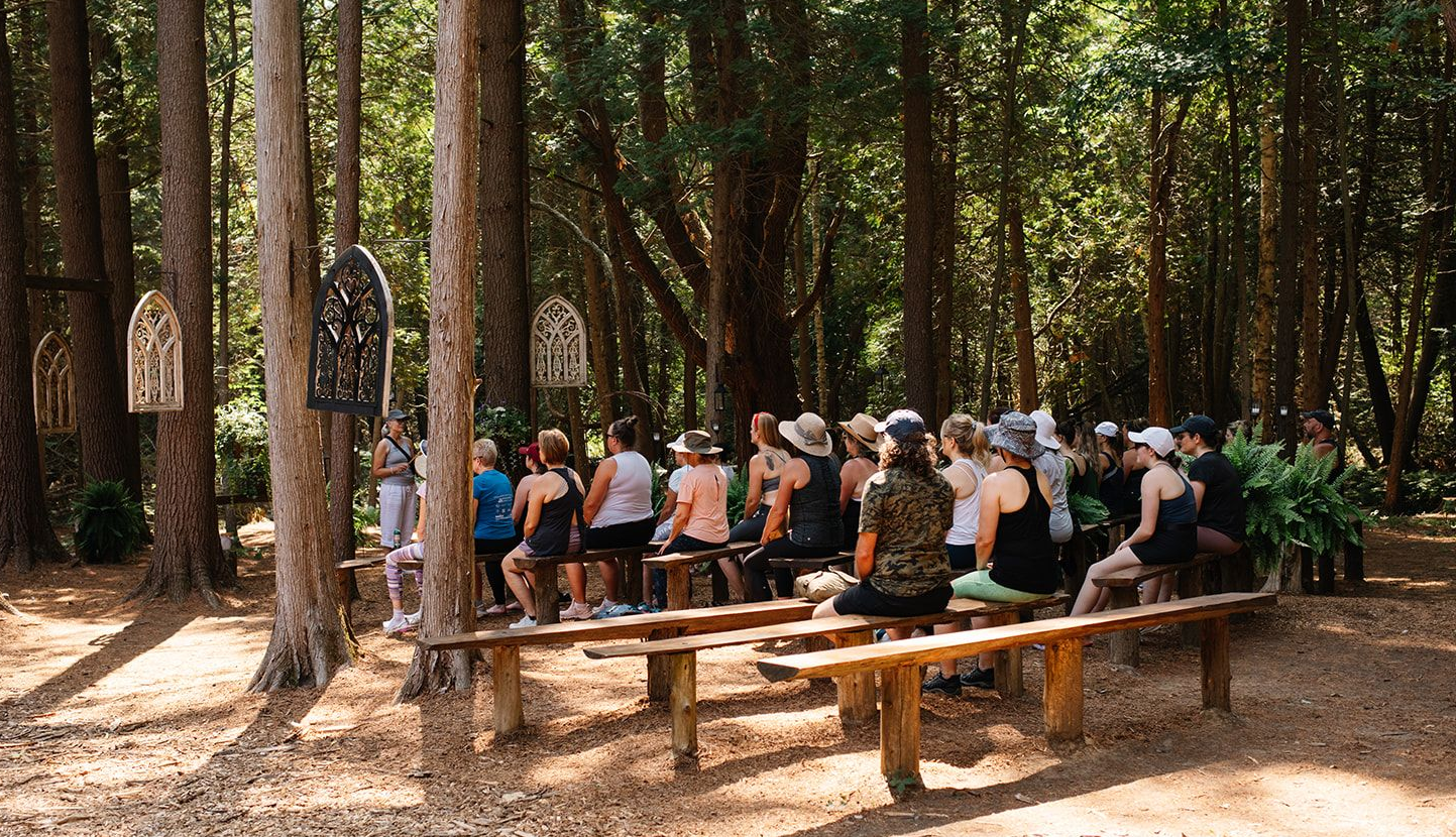 A corporate retreat spends time in nature