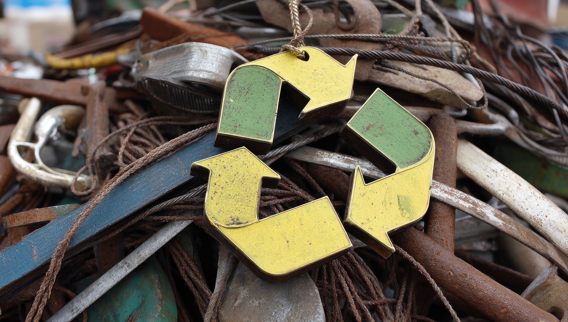 Metal recycling symbol on rusty scrap metals showcasing ferrous metal recycling sustainability.