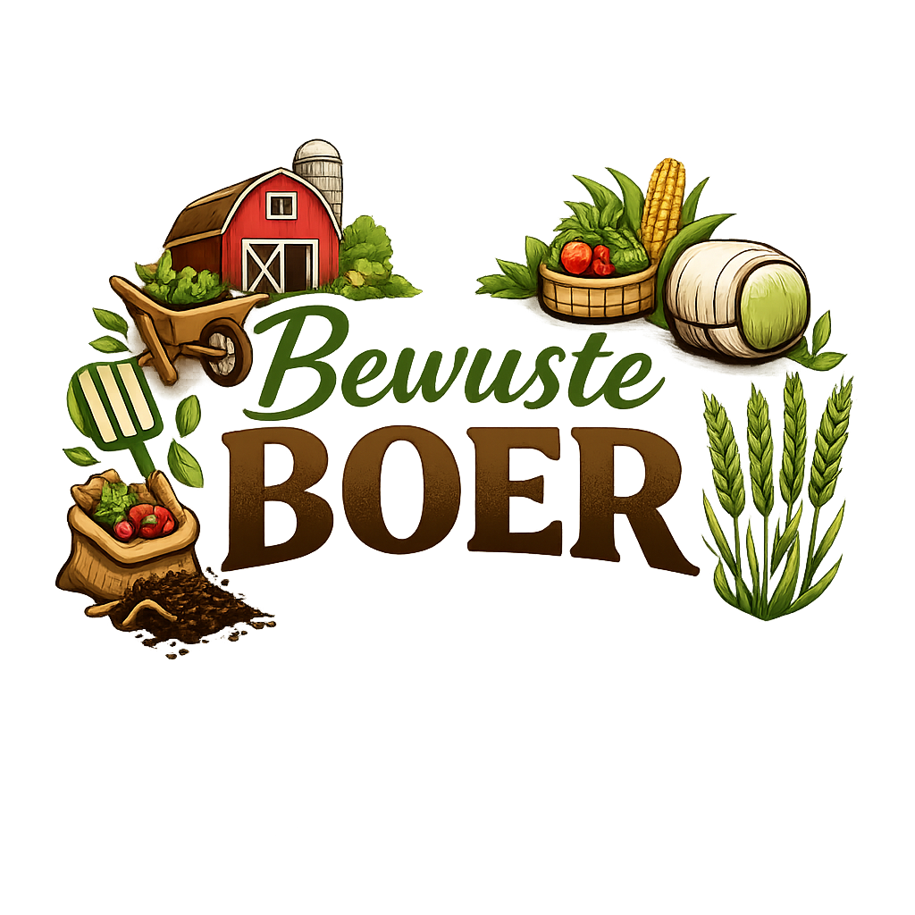 Logo voor &ldquo;Bewuste & Moderne BOER&rdquo; met een rode schuur, landbouwproducten en groene tarweaccenten.