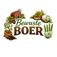 Logo voor &ldquo;Bewuste & Moderne BOER&rdquo; met een rode schuur, landbouwproducten en groene tarweaccenten.