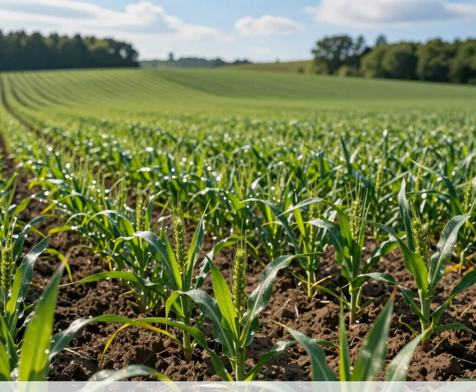 Jonge maïsplanten groeien in rijen op een zonovergoten groen veld onder een helderblauwe hemel.