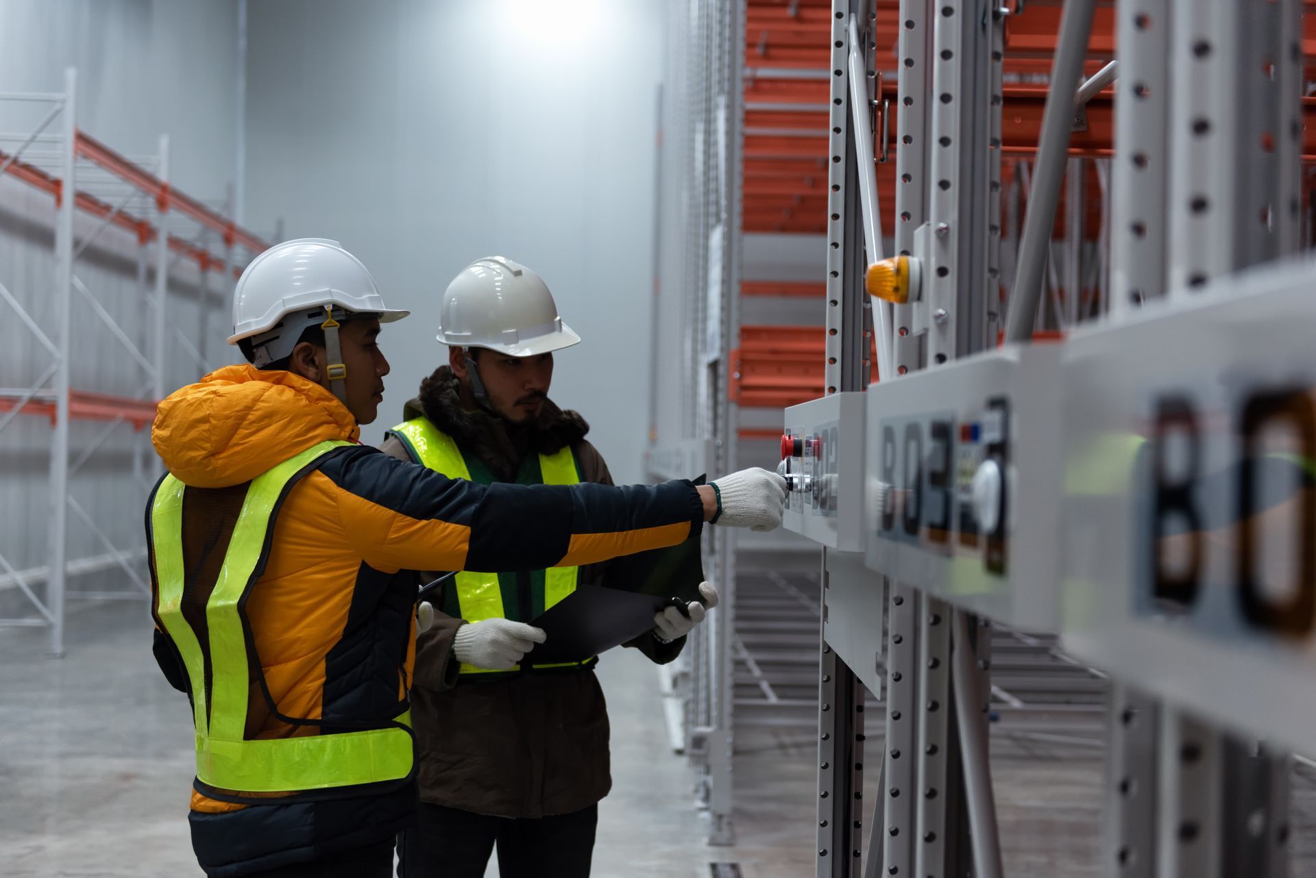 Two people in safety vests and hard hats inspect warehouse shelving.