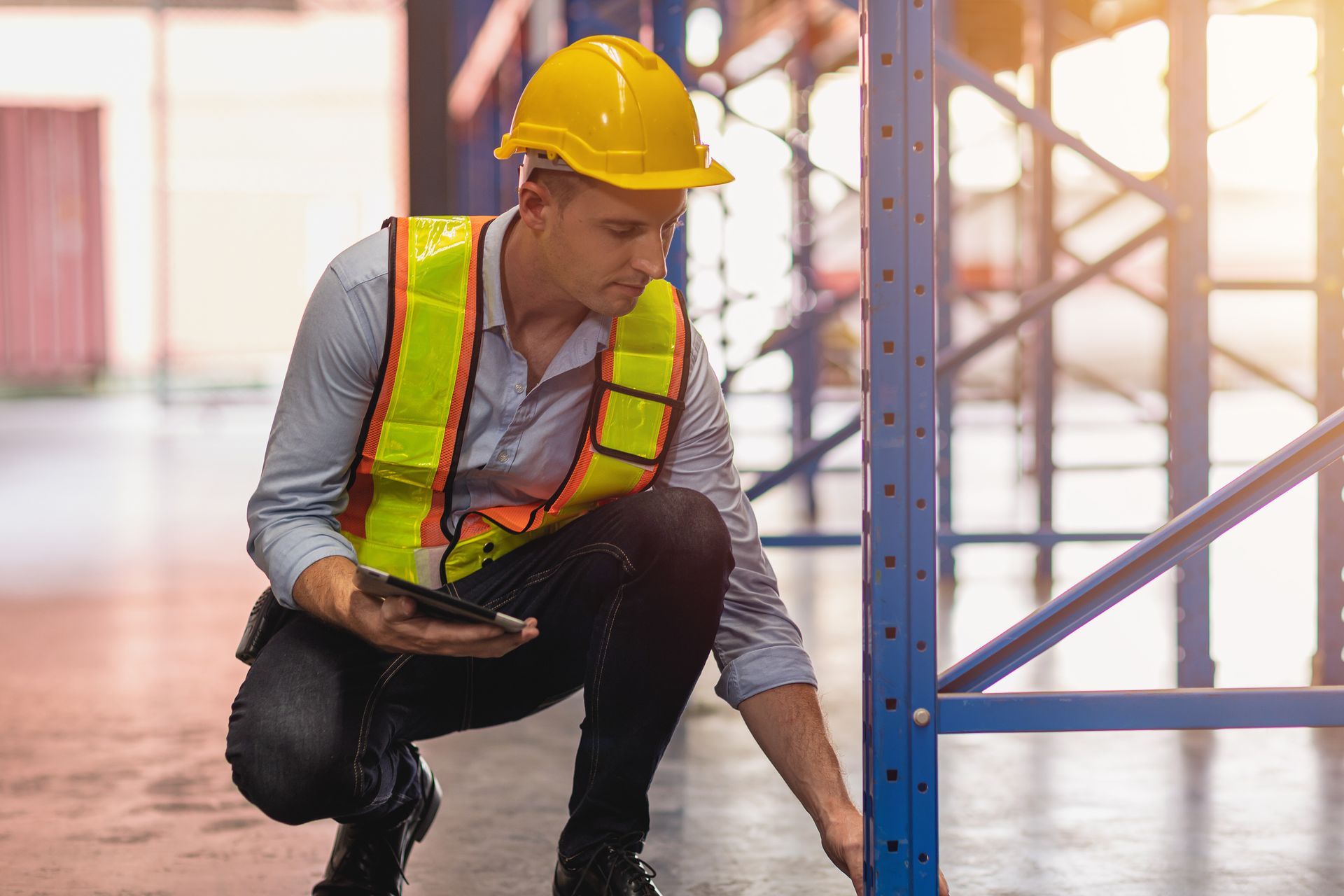 Man in hard hat and vest inspecting warehouse shelving, holding a tablet.